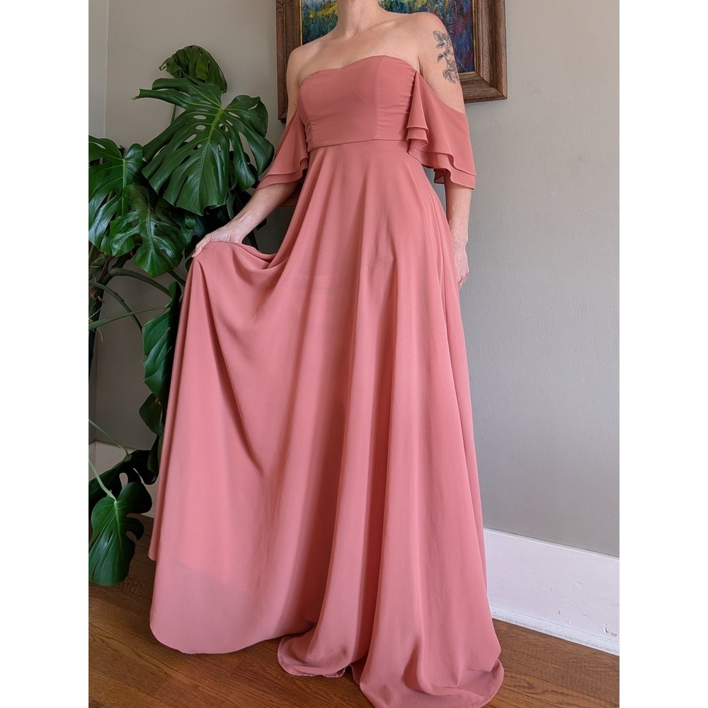 Lulus Abbington Gown Off Shoulder Flutter Sleeve Dusty Rose Chiffon Bridesmaid - Picture 1 of 16